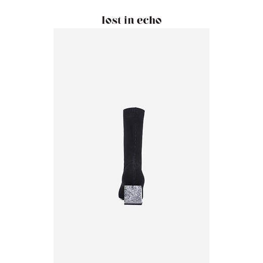 新年闪购lost in echo2020秋季高弹飞织黑色袜靴女 银箔水晶方跟短筒女鞋 商品图3