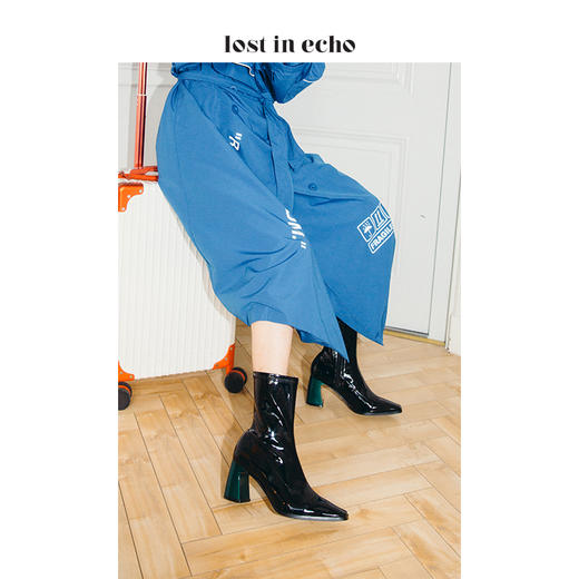 lost in echo漆皮方头高跟短靴黑色 商品图0