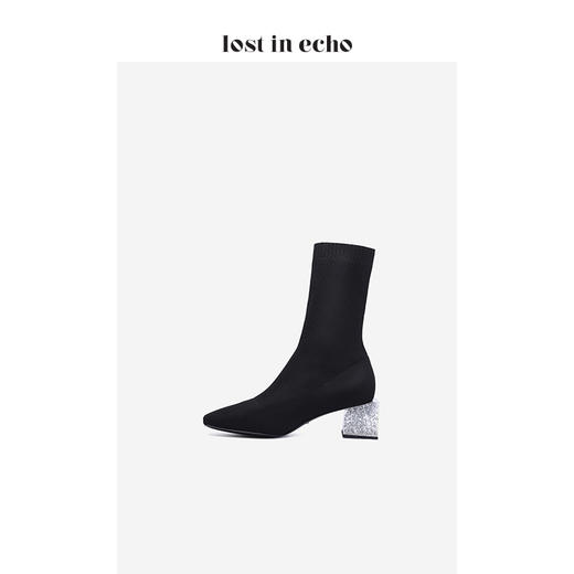 新年闪购lost in echo2020秋季高弹飞织黑色袜靴女 银箔水晶方跟短筒女鞋 商品图4