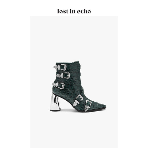 lost in echo西部金属饰扣高跟短靴2019秋季上新鳄鱼纹绿色尖头女靴 商品图2
