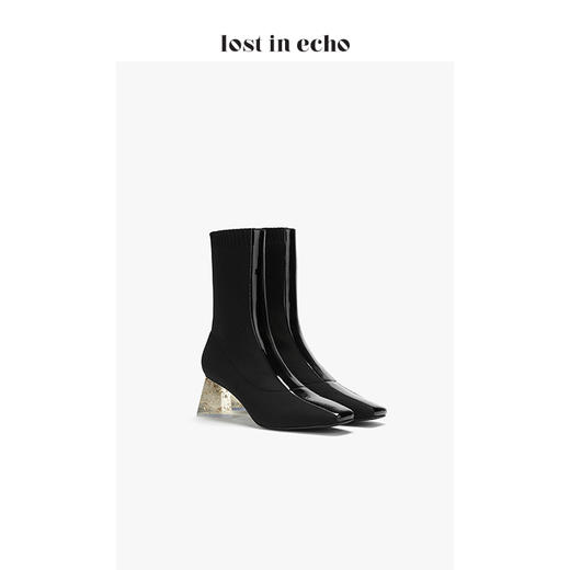 lost in echo2020秋季新款黑色飞织女靴 三角金箔水晶跟漆皮短靴女鞋 商品图1
