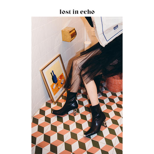 lost in echo2020秋季金属方头链条跟短靴 新款黑色猪鼻铁头短筒高跟女鞋 商品图0