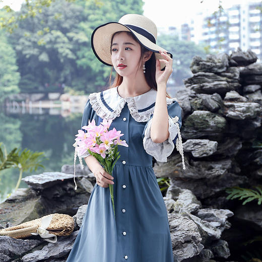 YZ-407035916实拍新款民族风甜美公主袖娃娃领连衣裙单排扣长裙夏WY 商品图1
