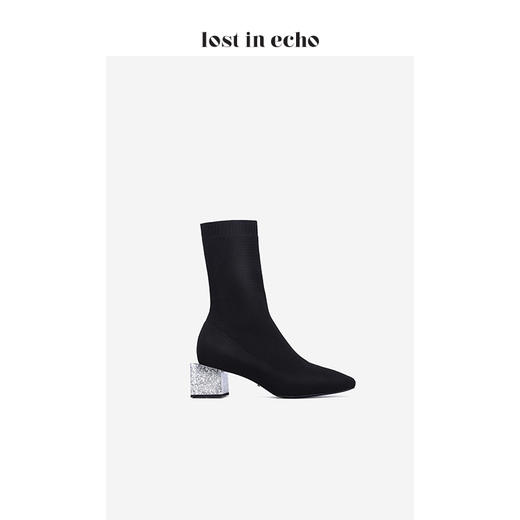 新年闪购lost in echo2020秋季高弹飞织黑色袜靴女 银箔水晶方跟短筒女鞋 商品图2