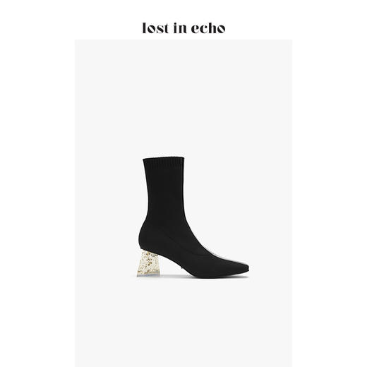 lost in echo2020秋季新款黑色飞织女靴 三角金箔水晶跟漆皮短靴女鞋 商品图2