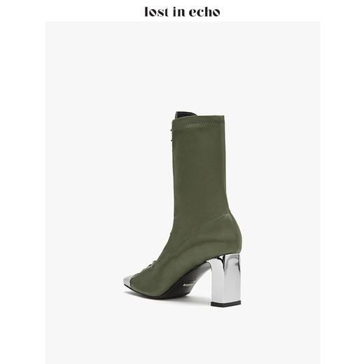 新年闪购lost in echo2020秋季弹力布绑带时尚短靴女靴 军绿色金属方头高跟女鞋 商品图4