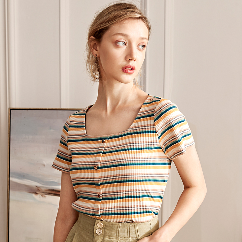 欧芮儿夏装新款方领短袖毛针织衫女开衫修身显瘦短款体恤上衣