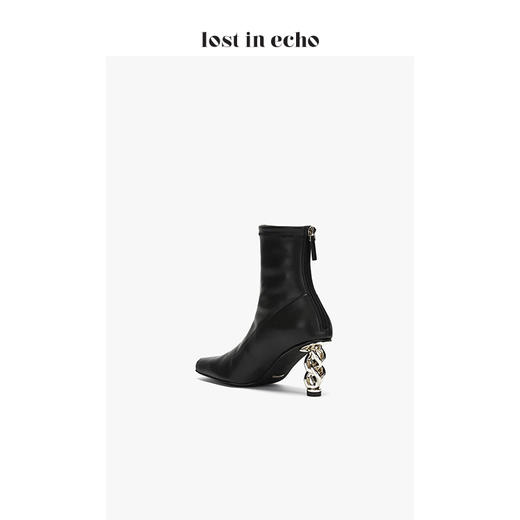 lost in echo2020秋季金属方头链条跟短靴 新款黑色猪鼻铁头短筒高跟女鞋 商品图4