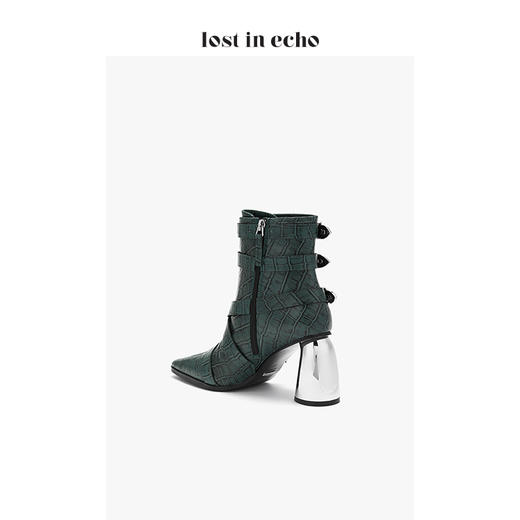 lost in echo西部金属饰扣高跟短靴2019秋季上新鳄鱼纹绿色尖头女靴 商品图4
