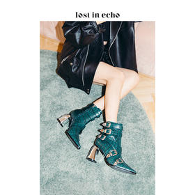 lost in echo西部金属饰扣高跟短靴2019秋季上新鳄鱼纹绿色尖头女靴