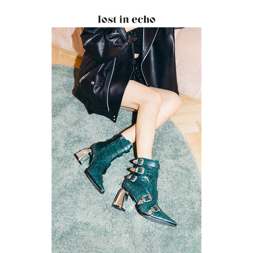 lost in echo西部金属饰扣高跟短靴2019秋季上新鳄鱼纹绿色尖头女靴 商品图0