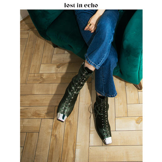 新年闪购lost in echo2020秋季弹力布绑带时尚短靴女靴 军绿色金属方头高跟女鞋 商品图0