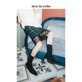 新年闪购lost in echo2020秋季高弹飞织黑色袜靴女 银箔水晶方跟短筒女鞋