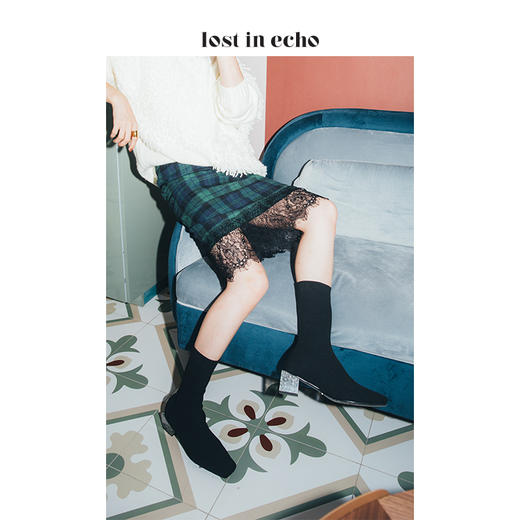 新年闪购lost in echo2020秋季高弹飞织黑色袜靴女 银箔水晶方跟短筒女鞋 商品图0