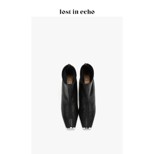 lost in echo2020秋季金属方头链条跟短靴 新款黑色猪鼻铁头短筒高跟女鞋 商品图3