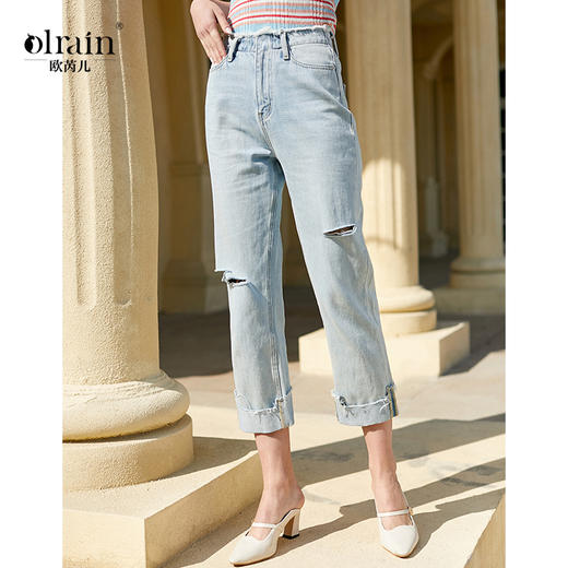 欧芮儿春高腰破洞牛仔裤女直筒宽松阔腿裤子女显瘦百搭 商品图1