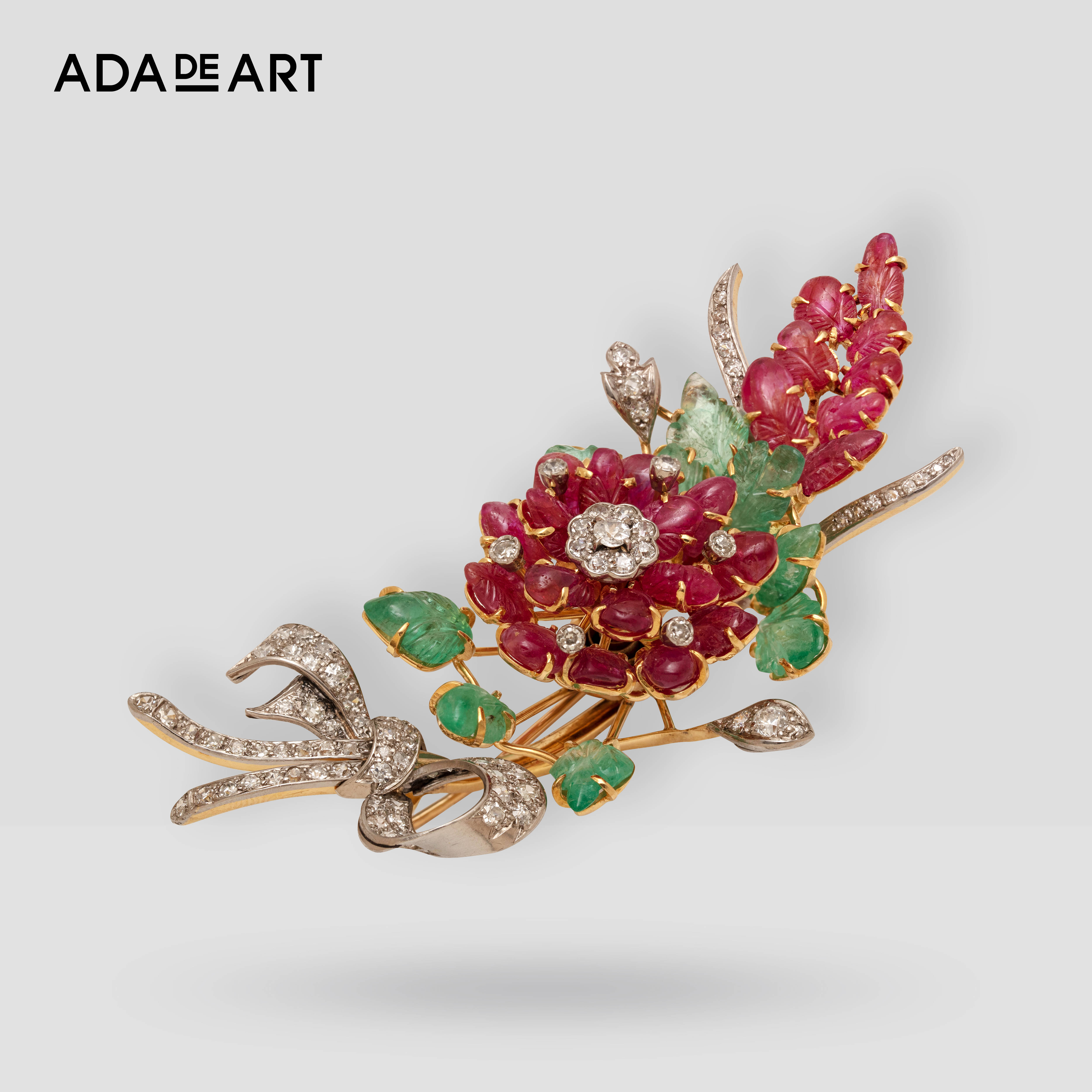 ada欧洲古董珠宝#雕刻宝石颤花工艺花束#黄金红宝石