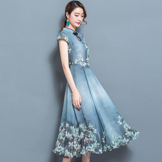 YL-RE1163新夏款修身印花复古连衣裙立领显瘦雪纺长裙大摆WY 商品图1