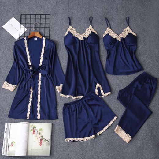 缎面雪纺睡衣女秋夏季性感仿真丝五件套丝绸带胸垫吊带睡袍家居服 商品图1