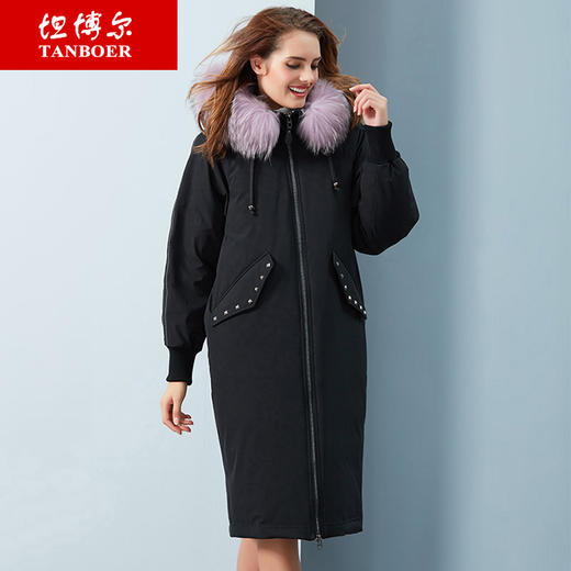 TB18798 坦博尔连帽貉毛口袋铆钉廓形净面长款大衣 商品图0