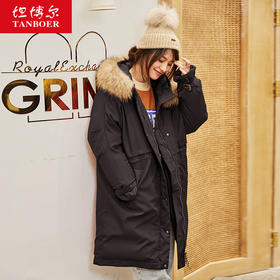 TD19170坦博尔羽绒服中长款2019新品工装大毛领羽绒服韩版外套冬