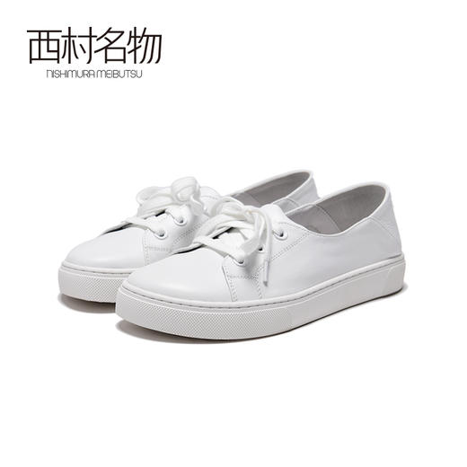 西村名物2020春小白鞋女圆头平底一脚蹬皮质透气系带单鞋X20AM10182 商品图0