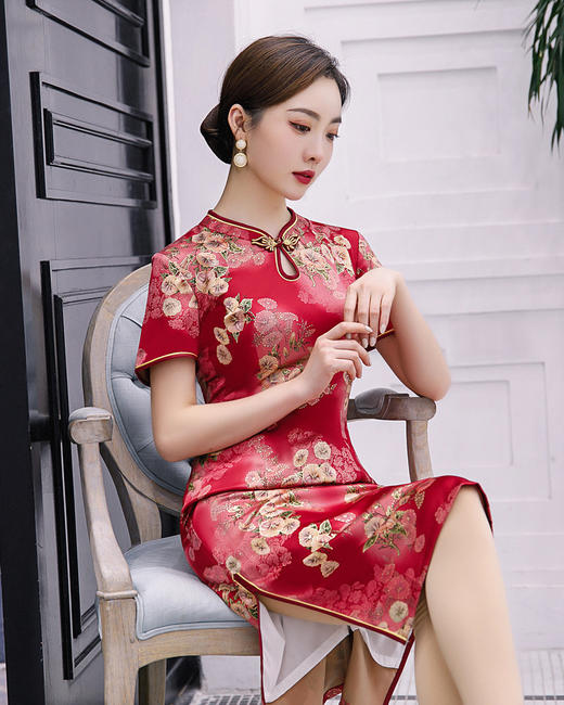 时尚气质低领，滴水短袖丝绸旗袍ZA-昙花 商品图1
