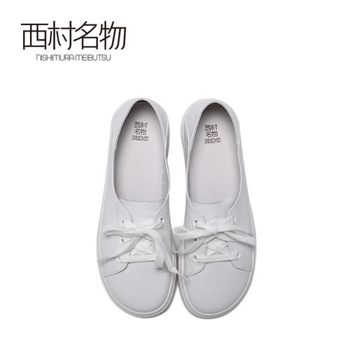 西村名物2020春小白鞋女圆头平底一脚蹬皮质透气系带单鞋X20AM10182 商品图1