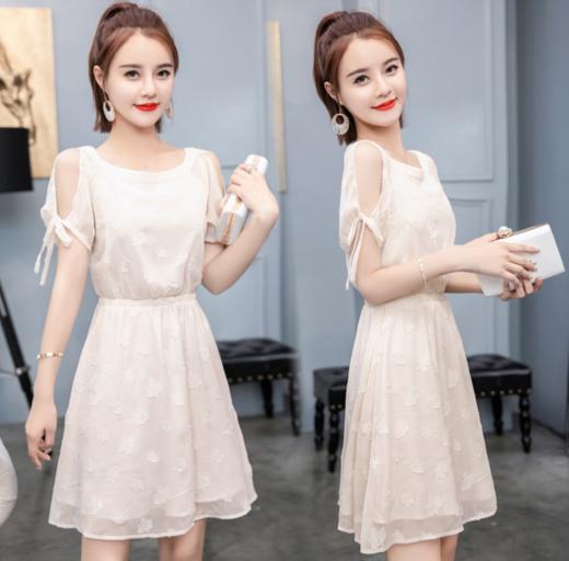 小个子雪纺连衣裙女夏夏季中学生露肩收腰显瘦韩版中长款裙子 商品图0