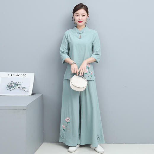 YSY-5362夏季原创新款民族风棉麻盘扣绣花瑜伽服大码茶服套装 商品图2