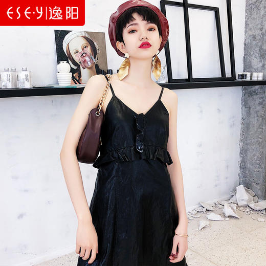 ESE·Y/逸阳夏冷淡风连衣裙女黑色PU吊带抹胸性感开叉时尚荷叶边3036 商品图2