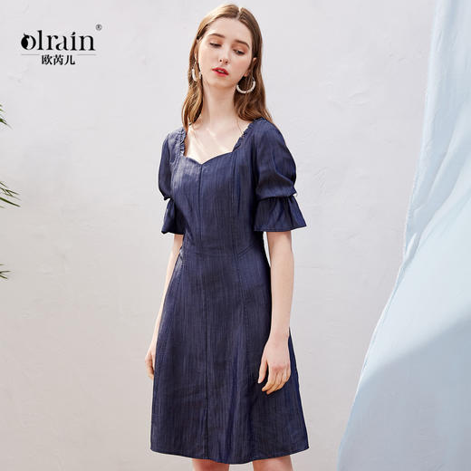 欧芮儿女装夏装纯色连衣裙女中长款气质纯色灯笼袖女裙子 商品图1