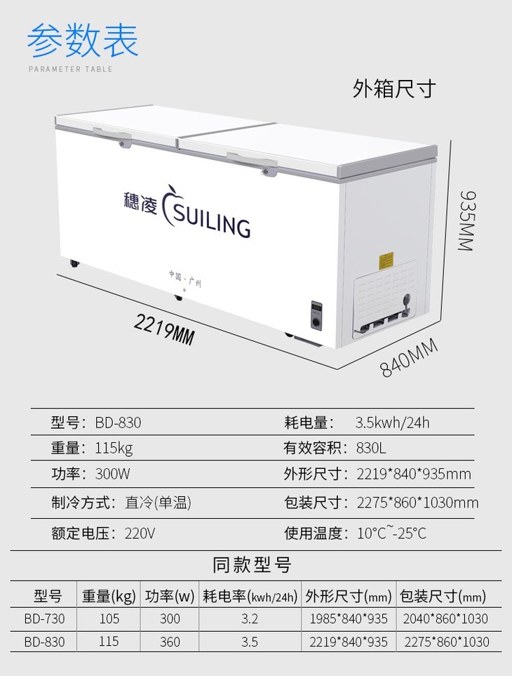 穗凌bd-826卧式商用冰箱大型双门冰柜冷藏冷冻顶开式单温速冻急冻海鲜