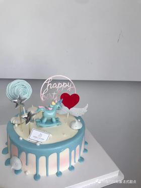 宝宝生日蓝色独角兽摆件奶油蛋糕
