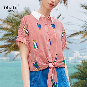 欧芮儿新款女装夏装个性印花衬衫女条纹衬衣polo领红色小衫