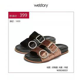 westory商场同款夏季女士凉拖鞋外穿织物面钻扣平跟拖鞋W282J60221