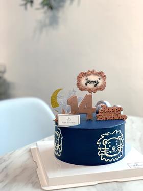 宝宝生日蓝色系手绘小狮子奶油蛋糕