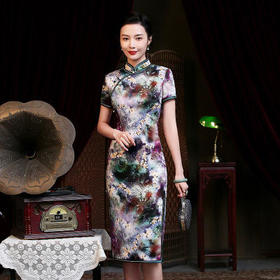 QH-JYJ01-12新款精工中长复合丝绸双层旗袍