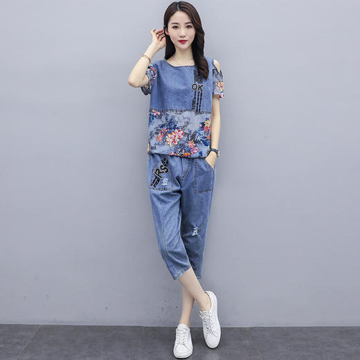 DD-837新款胖mm大码女装春装新款休闲七分裤牛仔套装 商品图1