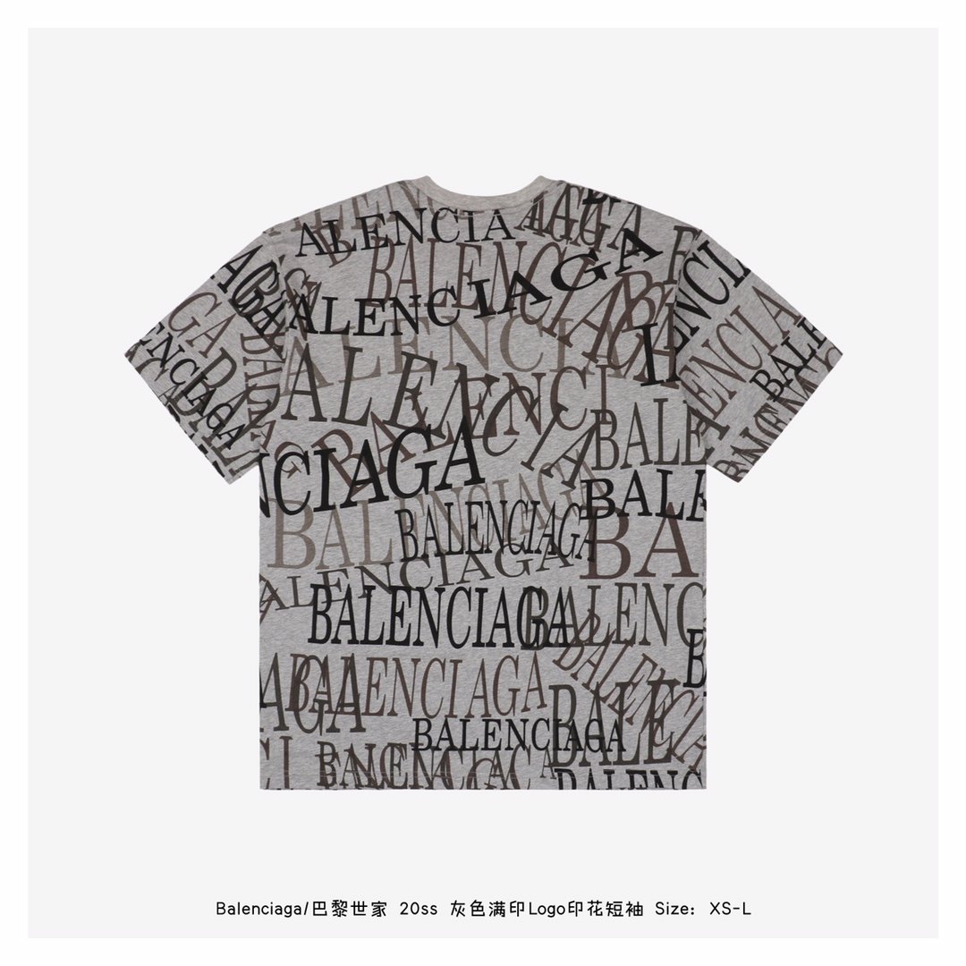 balenciaga/巴黎世家 20ss 灰色满印logo印花短袖