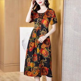 X8202959夏季花色新品修身显瘦圆领桑蚕丝女裙