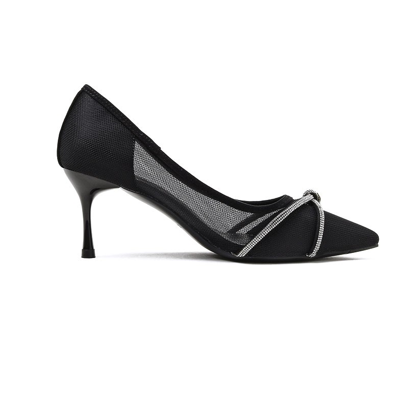 温莎鞋子女2020新款法式小高跟鞋女夏尖头细跟性感欧美黑色网面单