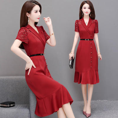 WEXYKL-AS217蕾丝拼接中长款过膝连衣裙 商品图2