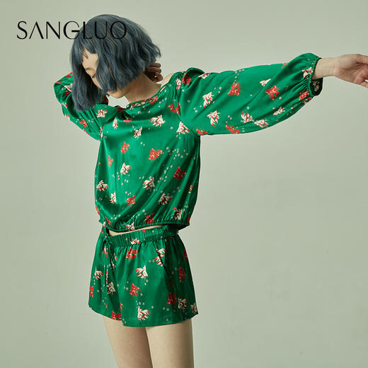 【设计师-限量款】桑蚕丝睡衣羽毛印花套装SANGLUO桑罗外穿桑蚕丝睡衣女 商品图1