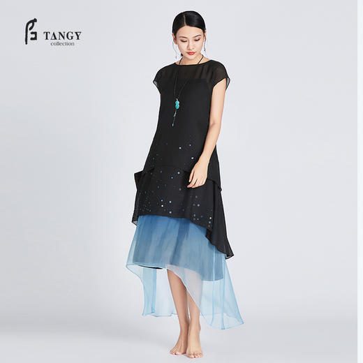 TANGY Collection天意莨绸高贵雅致礼服式短袖合体连衣裙 商品图0