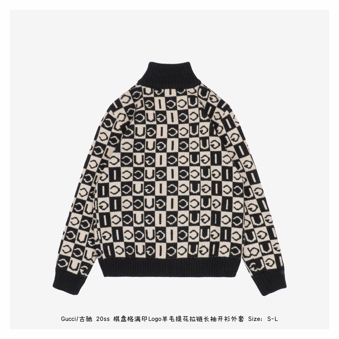 gucci/古驰 20ss 棋盘格满印logo羊毛提花拉链长袖开衫外套