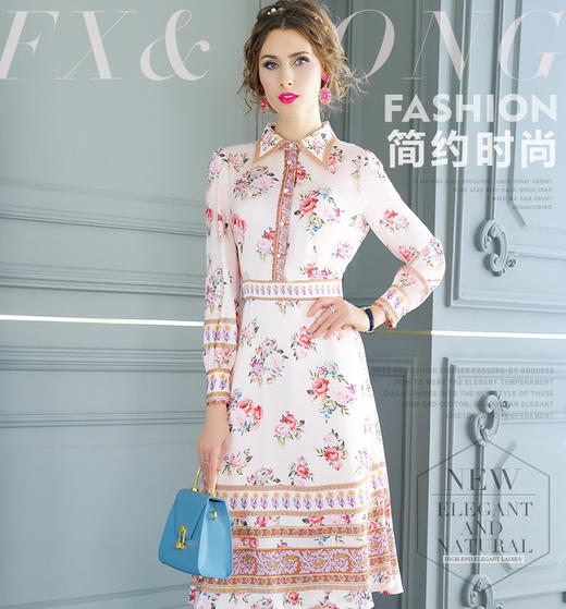 FMY-F20CL29629复古印花淑女减龄修身中长款衬衫裙 商品图0