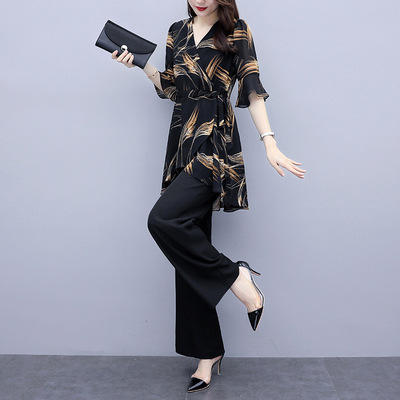 XFFS-5461新款胖mm雪纺衫宽松遮肚阔腿裙裤两件套 商品图3