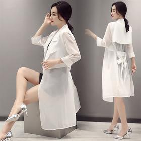 WZNH-MMY50289中腰七分袖中长款蝴蝶结系带V领纯色开衫外套