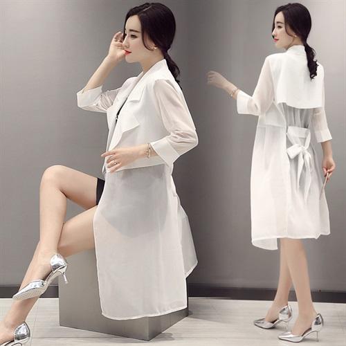 WZNH-MMY50289中腰七分袖中长款蝴蝶结系带V领纯色开衫外套 商品图0